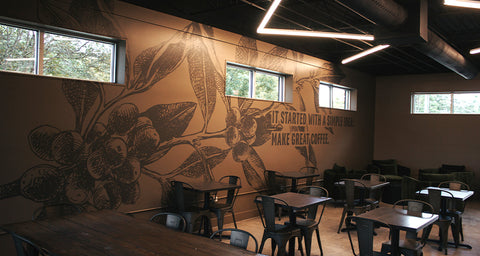 Coffee plant mural inside Lucky Goat Lafayette Café